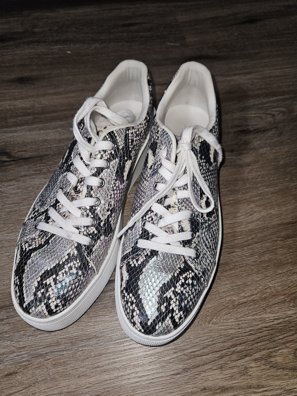 Women’s Snake-Print Lace-Up Sneakers in White and Black